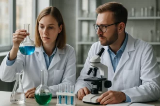 Két kutató laboratóriumban kémiai kísérletet végeznek egy atomos molekulák vizsgálatára.