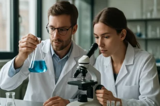 Két kutató laboratóriumban kémiai kísérletet végez, kék folyadékot vizsgálva.