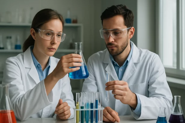 Két kutató az egy edényes szintézis módszerét vizsgálja laboratóriumban.