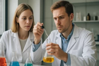 Kémiai kísérletezők laborban, különböző folyadékokkal