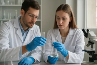 Két kutató laboratóriumban dolgozik egyensúlyi reakciók kísérletén.