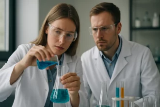 Két tudós laboratóriumban dolgozik egyértékű alkohollal kapcsolatos kísérleten.