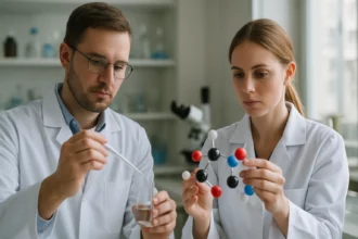 Két tudós laboratóriumban, egyértékű savakat vizsgálnak molekulamodellel.