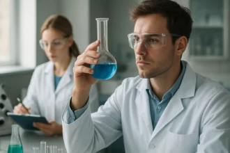 Kémikus vizsgál egy kék folyadékot laboratóriumi környezetben