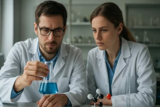 Kémikusok laboratóriumban, egyszeres kötés kutatás közben