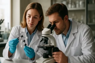 Két kutató egyszerű étereket vizsgál laboratóriumban.