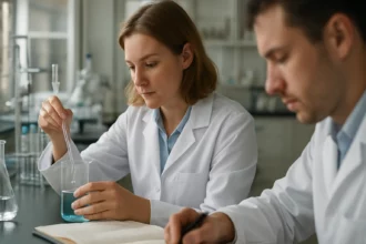 Két vegyész laboratóriumi munkában, E- és Z-izomerek vizsgálata közben.