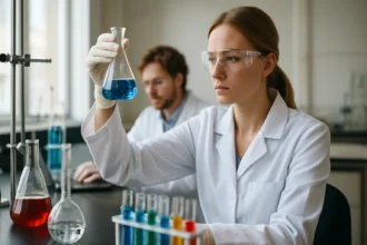 Kémiai kísérlet során kék folyadékot vizsgáló fiatal nő laboratóriumban.