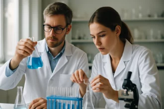 Két kutató laboratóriumban méréseket végez, kémiával foglalkozva.