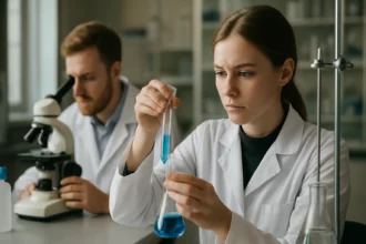 Két kutató laboratóriumban kémiai kísérletet végez