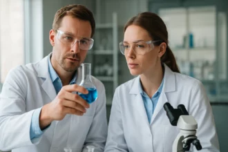 Két tudós laboratóriumi környezetben kémiai kísérletet végez.