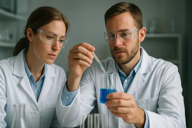 Két kutató laboratóriumban elasztomereket vizsgál.