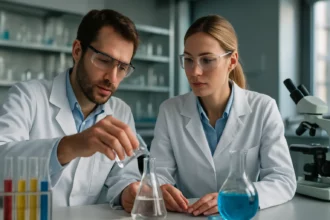 Két tudós a laborban elasztomer szálakkal kapcsolatos kísérletet végez.