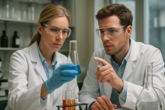 Két tudós laboratóriumban, különböző elegyek és rendszerek vizsgálata