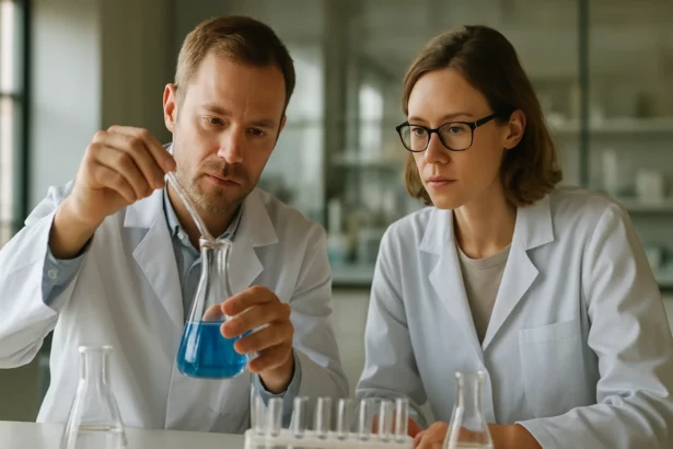 Két tudós laboratóriumban, potenciometriás kísérletet végeznek