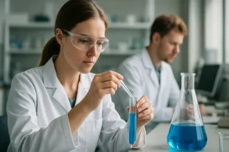 Egy kémikus laboratóriumban kék oldatot mér egy pipettával.