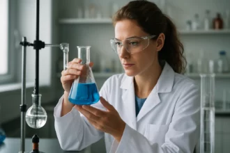 Kémikus nő laboratóriumi környezetben, kék oldatot vizsgálva