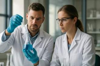 Tudósok elektrofil szubsztitúciós reakciót vizsgálnak laboratóriumban