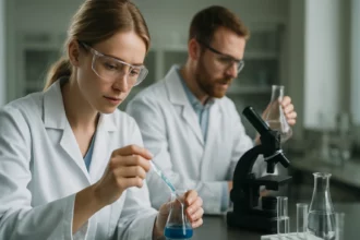 Két tudós laboratóriumban borostyánkőolaj előállításával foglalkozik.