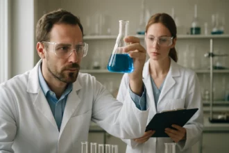 Két kémikus kék folyadékot vizsgál a laboratóriumban.