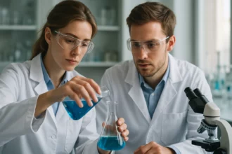 Két kutató elektrokémiai kísérleteket végez laboratóriumban.