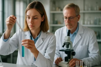 Két kutató laboratóriumban elektrolitikus bevonatolással foglalkozik.