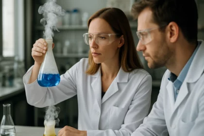 Két kémikus laboratóriumban, kék folyadékot vizsgálnak.