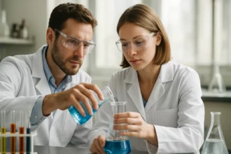 Két tudós, akik elektrolitos disszociációt vizsgálnak laboratóriumban.