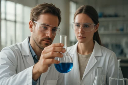 Két tudós laboratóriumban elektrolitot vizsgál.