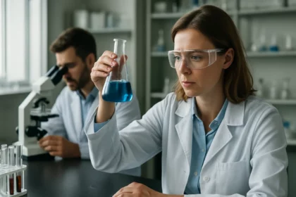 Kémiai kísérlet laboratóriumban, elektrolízissel kapcsolatos kutatás