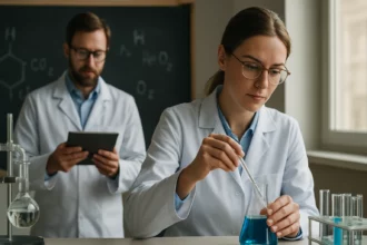 Kémiai laboratóriumban dolgozó tudósok bór-oxid kísérleten