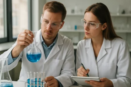 Két kutató elektrokémiai kísérletet végez egy laborban