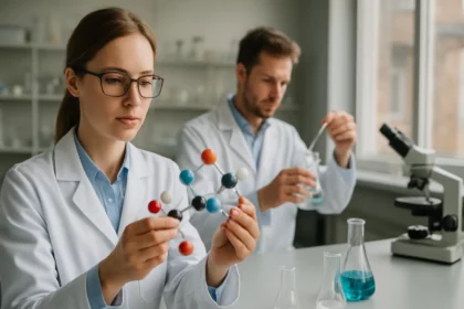 Két kutató laboratóriumban, molekulamodellel és kémiai eszközökkel dolgozik.