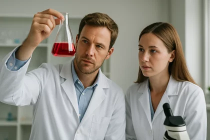 Két tudós laboratóriumban, vörös folyadékkal teli lombikot vizsgálnak.