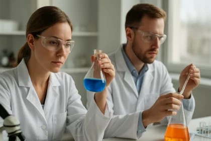 Két vegyész laboratóriumi kísérletezés közben különböző oldatokkal.