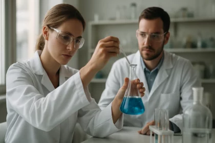 Két tudós laboratóriumi kísérletet végez egy kék színű folyadékkal.