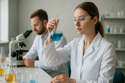 Laboratóriumi kísérlet: női kutató egy kémcsőben lévő kék folyadékot vizsgál.