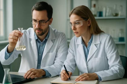 Két kutató laboratóriumban, kémiai kísérletet végeznek.