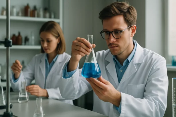 Két kutató laboratóriumban kék folyadékkal végzi kémiai kísérleteit.