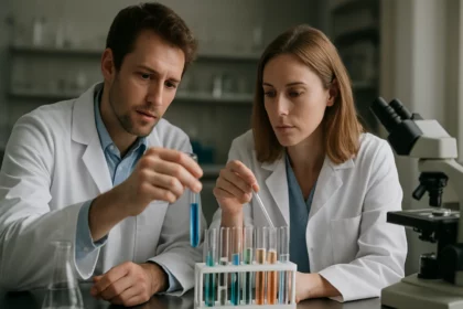 Két kutató laboratóriumban elektrontranszfer reakciókat vizsgál.