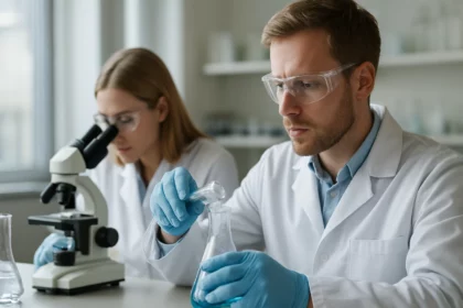 Kémikusok laboratóriumban elektronikus anyagokat vizsgálnak