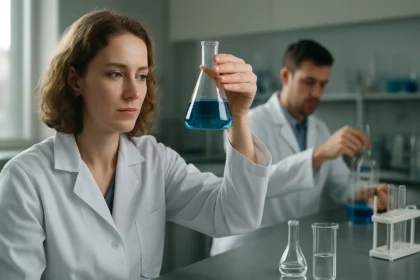 Kémikusok laboratóriumban vizsgálják a folyadékot egy lombikban.