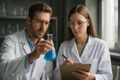 Két kémikus laboratóriumban kémiai kísérletet végez, kék oldatot vizsgálnak.