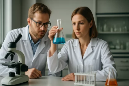 Két kutató kémiai reakciókat vizsgál a laboratóriumban.