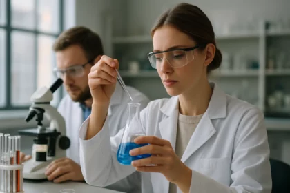 Laboratóriumban végző kémiai kísérlet