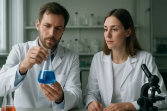 Kémiai kísérlet során kék folyadékot vizsgáló tudósok