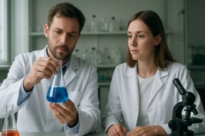 Kémiai kísérlet során kék folyadékot vizsgáló tudósok