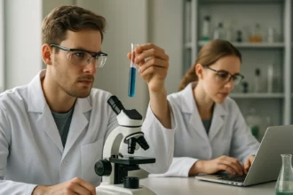 Kémiai kísérlet elektronokat vizsgáló kutatók laboratóriumban