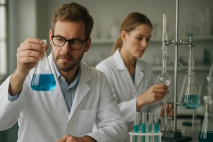 Két kémikus laboratóriumban, kék oldatokkal végzik a kísérleteket.