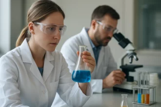 Két laboratóriumi szakember kémiai kísérletet végez, kémcsövek és mikroszkóp mellett.